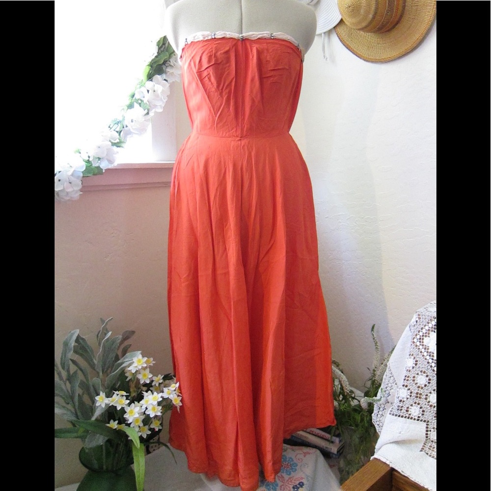 Vintage Coral Silk Taffeta Strapless Dress